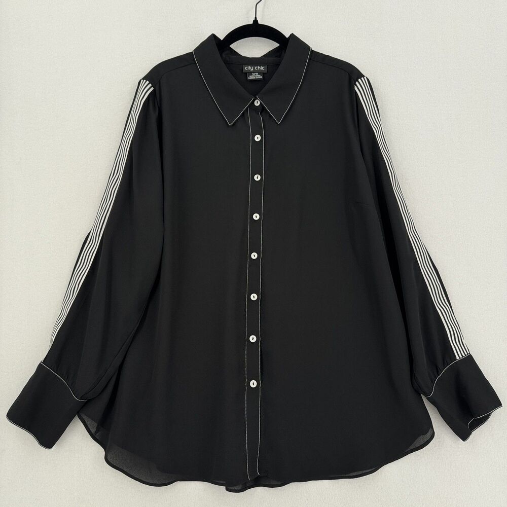 City Chic Blouse Women M 18 Black White Contrast Stitch Sleeve Plus Sz Layering